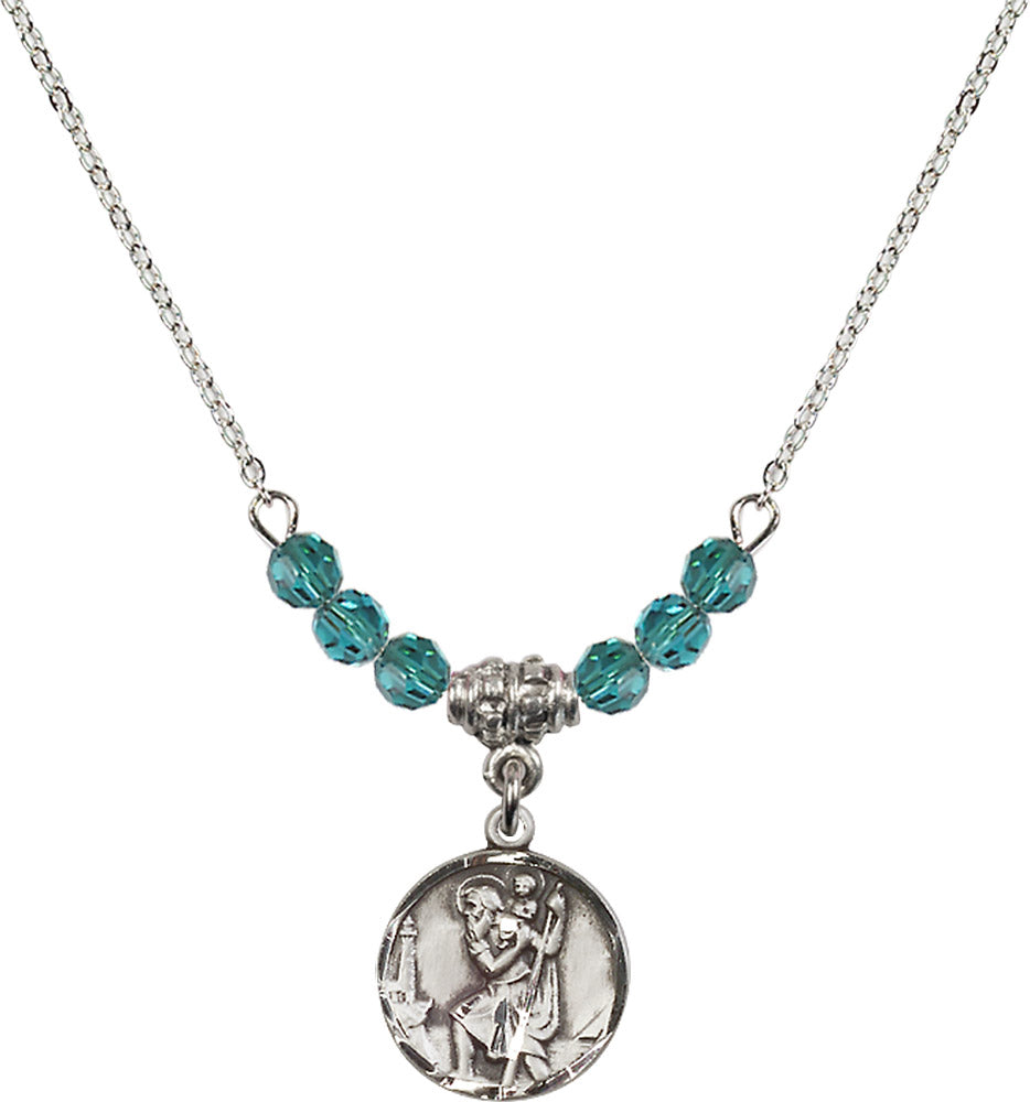 Sterling Silver Saint Christopher Birthstone Necklace with Zircon Beads - 0601