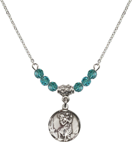 Sterling Silver Saint Christopher Birthstone Necklace with Zircon Beads - 0601