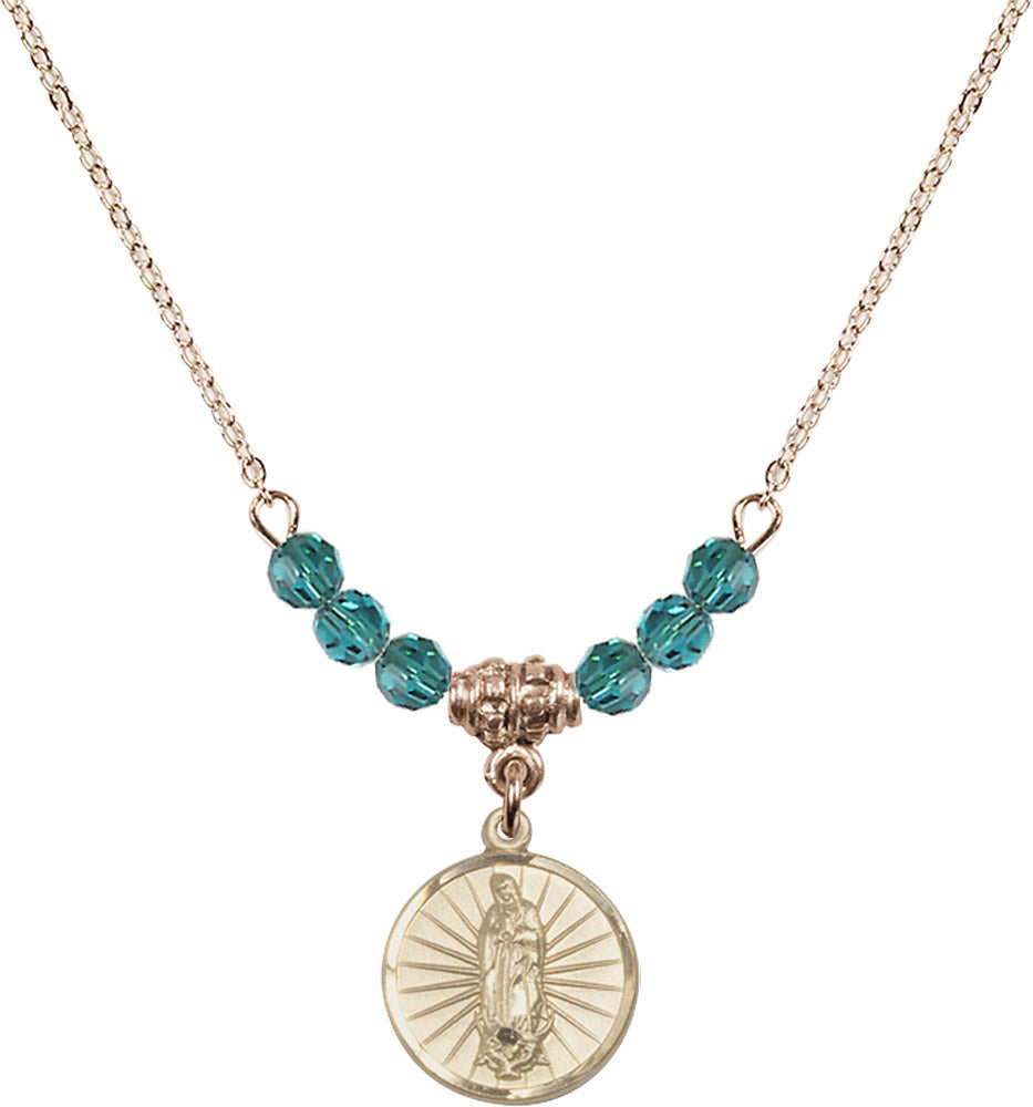 14kt Gold Filled Our Lady of Guadalupe Birthstone Necklace with Zircon Beads - 0601