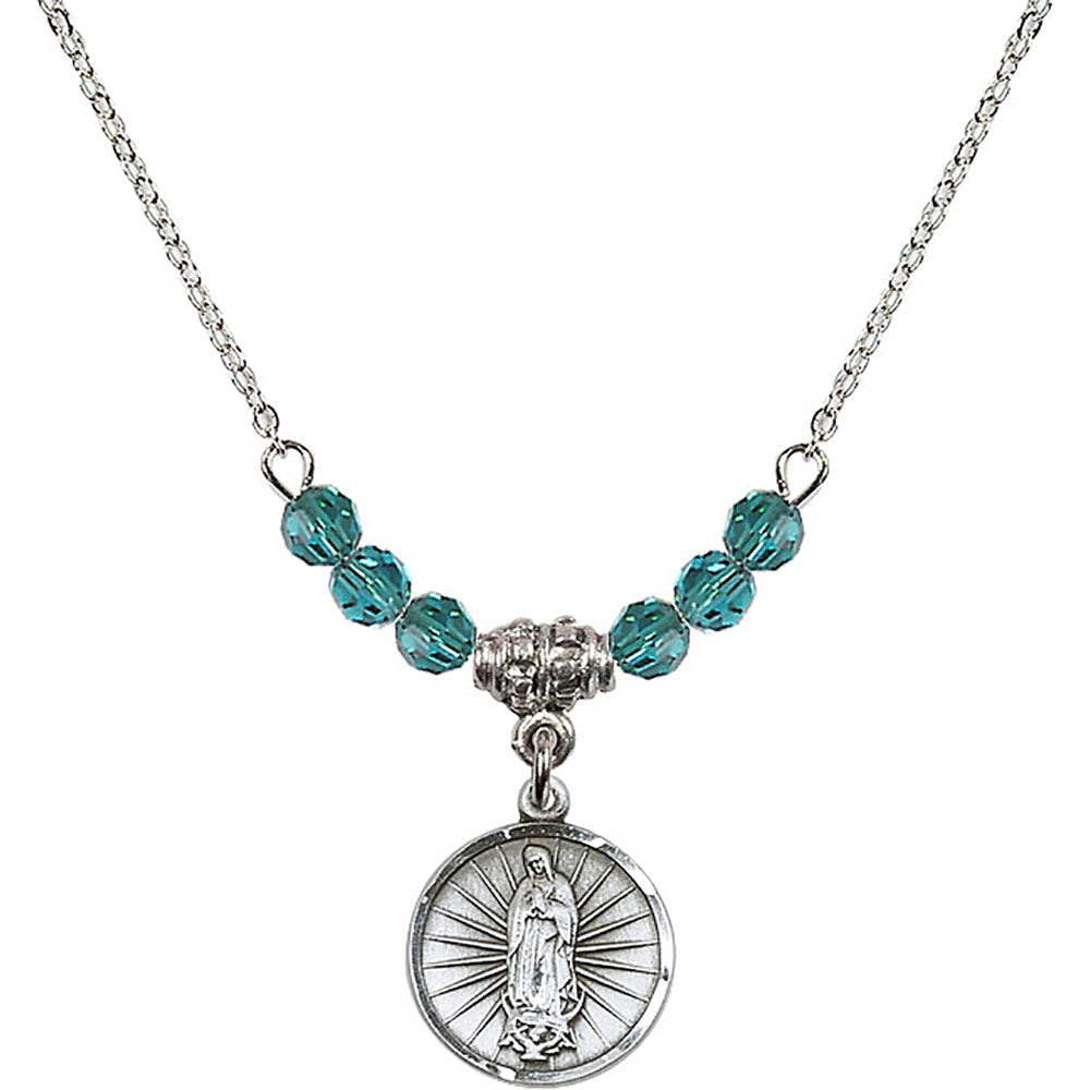 Sterling Silver Our Lady of Guadalupe Birthstone Necklace with Zircon Beads - 0601
