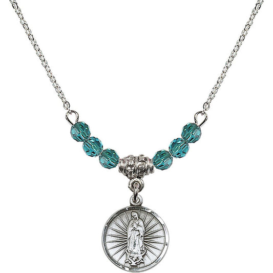 Sterling Silver Our Lady of Guadalupe Birthstone Necklace with Zircon Beads - 0601