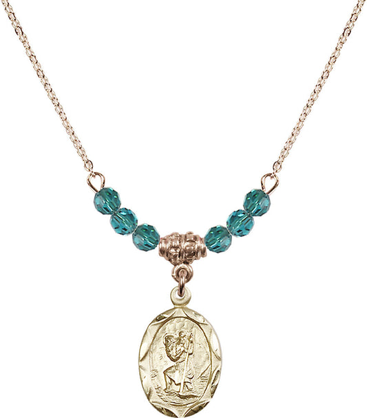 14kt Gold Filled Saint Christopher Birthstone Necklace with Zircon Beads - 0612