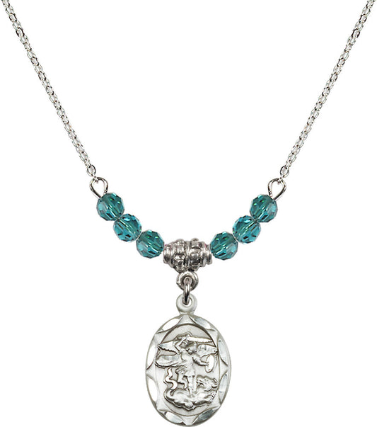 Sterling Silver Saint Michael the Archangel Birthstone Necklace with Zircon Beads - 0612