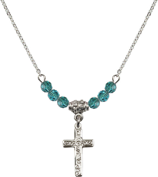 Sterling Silver Cross Birthstone Necklace with Zircon Beads - 0672