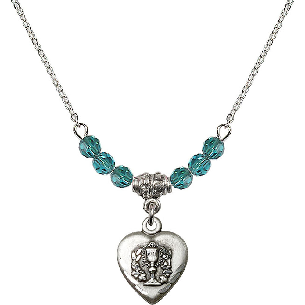 Sterling Silver Heart / Communion Birthstone Necklace with Zircon Beads - 0892