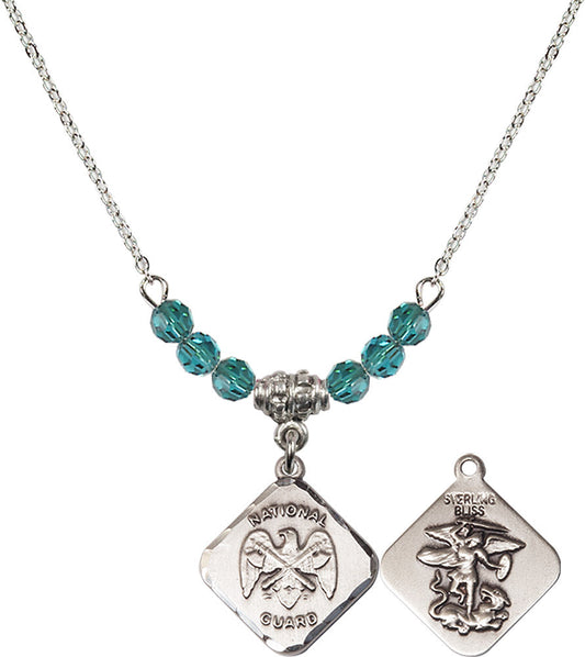Sterling Silver Nat'l Guard Diamond Birthstone Necklace with Zircon Beads - 1180