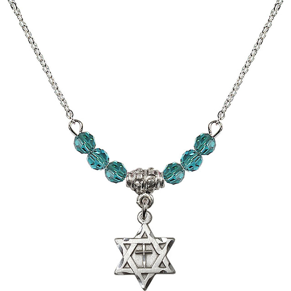 Sterling Silver Star of David w/ Cross Birthstone Necklace with Zircon Beads - 1211
