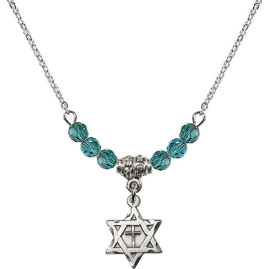 Sterling Silver Star of David w/ Cross Birthstone Necklace with Zircon Beads - 1211
