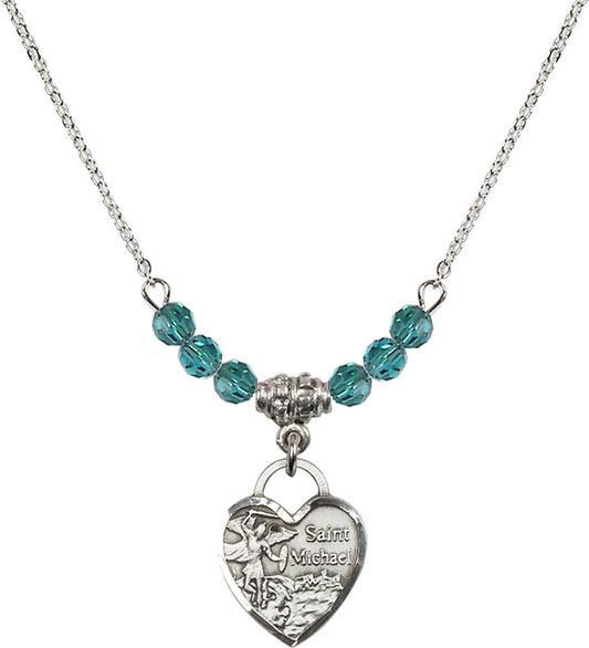Sterling Silver Saint Michael Heart Birthstone Necklace with Zircon Beads - 3403