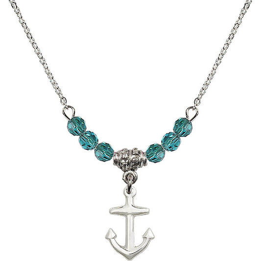 Sterling Silver Anchor Birthstone Necklace with Zircon Beads - 4158