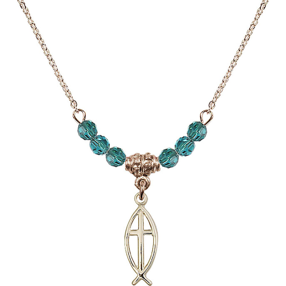 14kt Gold Filled Fish / Cross Birthstone Necklace with Zircon Beads - 4251