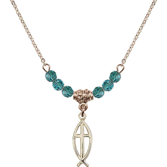 14kt Gold Filled Fish / Cross Birthstone Necklace with Zircon Beads - 4251
