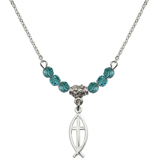 Sterling Silver Fish / Cross Birthstone Necklace with Zircon Beads - 4251