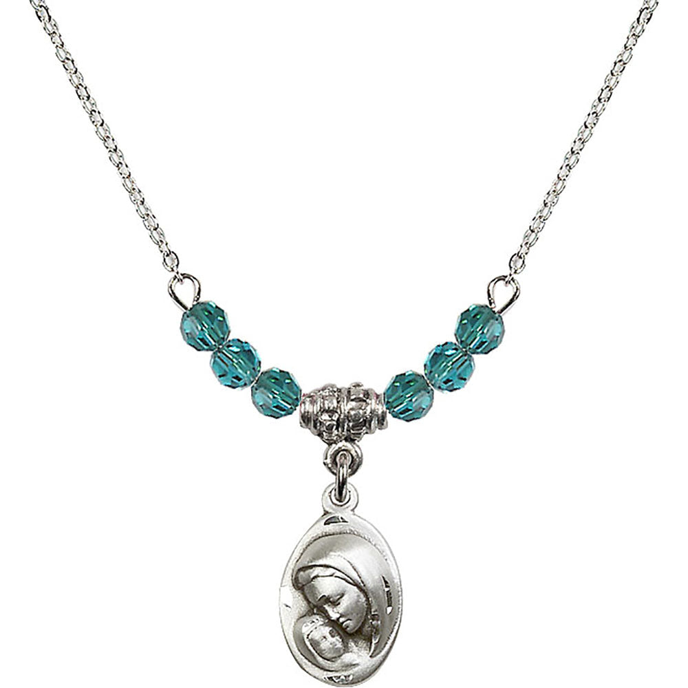 Sterling Silver Madonna & Child Birthstone Necklace with Zircon Beads - 5447
