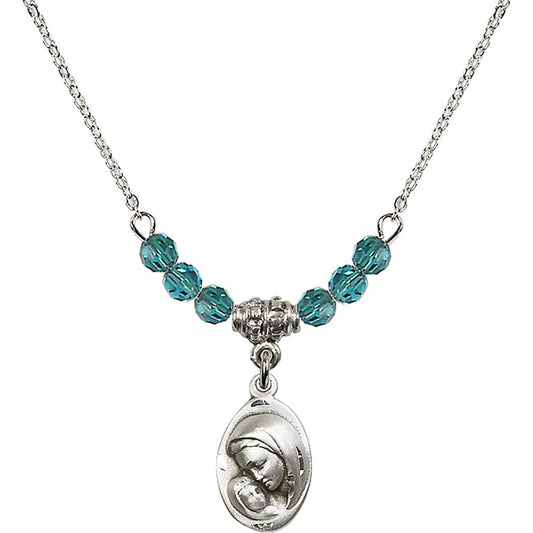Sterling Silver Madonna & Child Birthstone Necklace with Zircon Beads - 5447