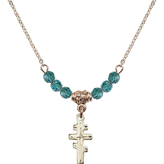 14kt Gold Filled Greek Orthadox Cross Birthstone Necklace with Zircon Beads - 5654