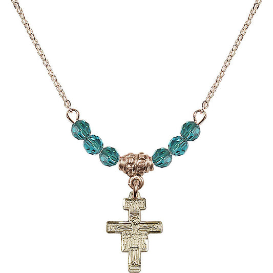 14kt Gold Filled San Damiano Crucifix Birthstone Necklace with Zircon Beads - 6078