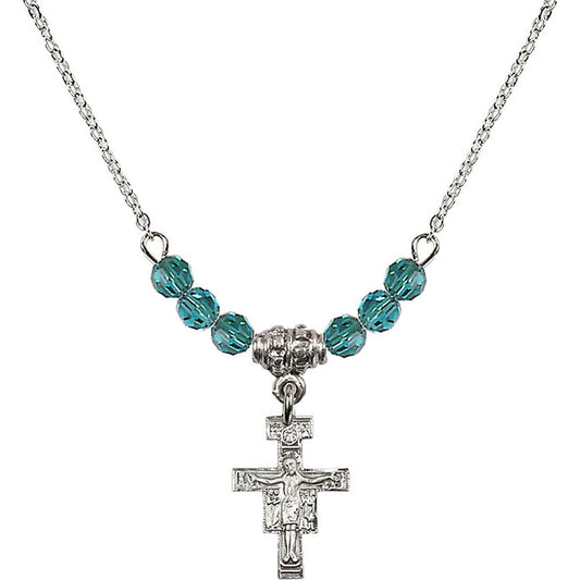Sterling Silver San Damiano Crucifix Birthstone Necklace with Zircon Beads - 6078