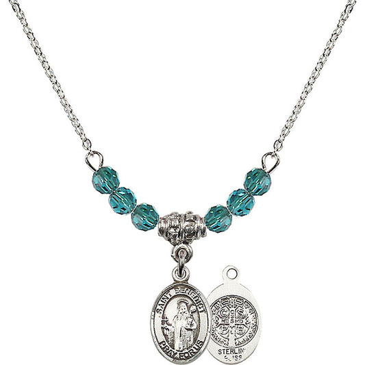 Sterling Silver Saint Benedict Birthstone Necklace with Zircon Beads - 9008