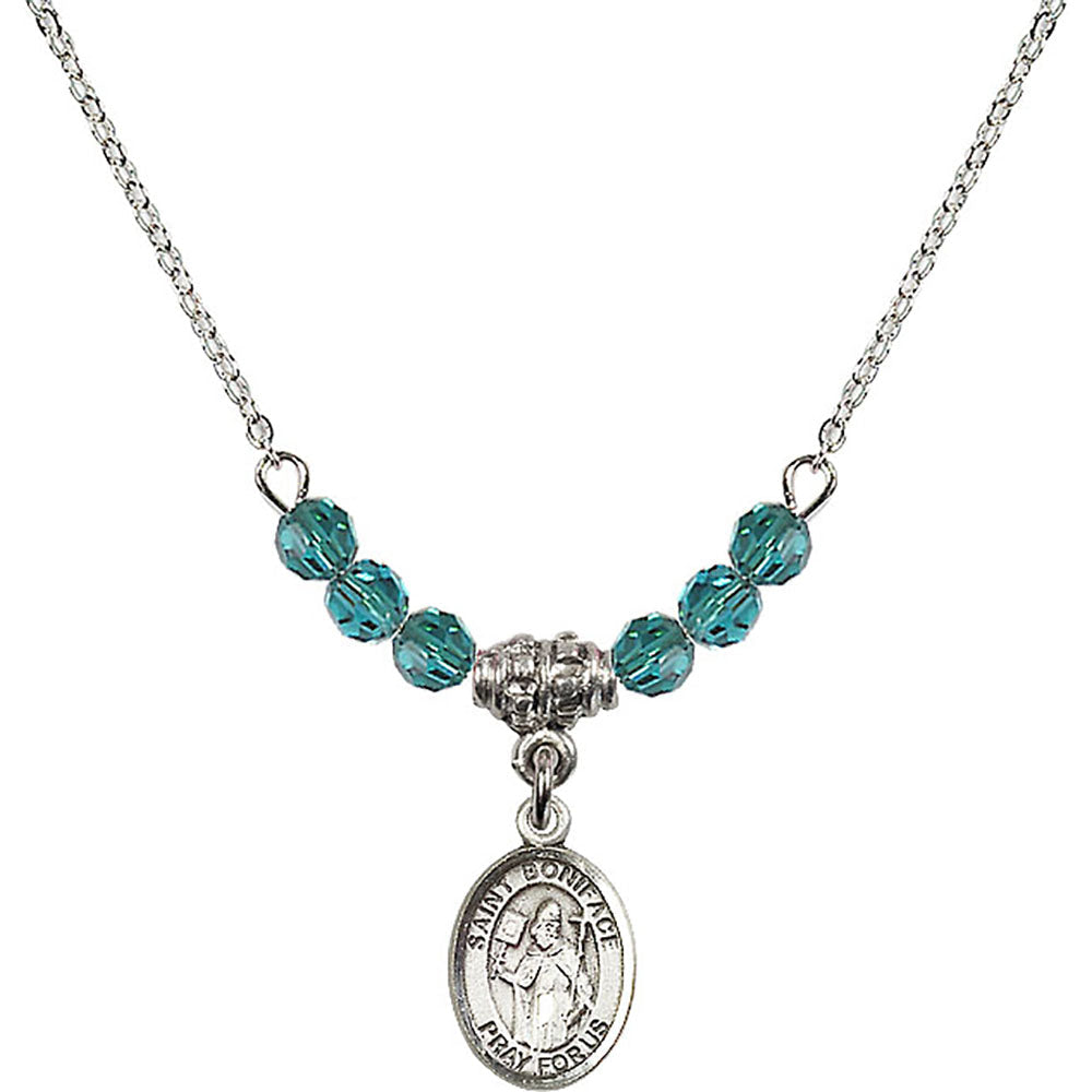 Sterling Silver Saint Boniface Birthstone Necklace with Zircon Beads - 9009