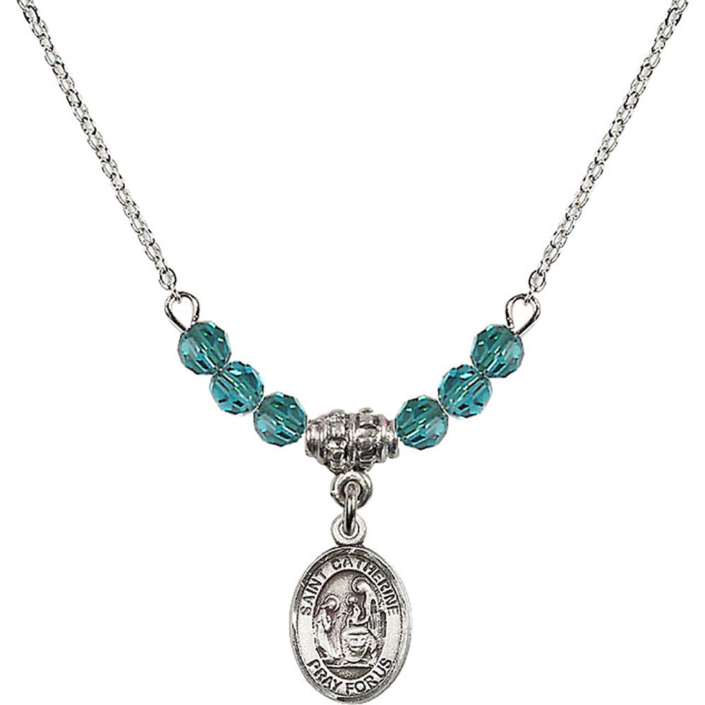 Sterling Silver Saint Catherine of Siena Birthstone Necklace with Zircon Beads - 9014