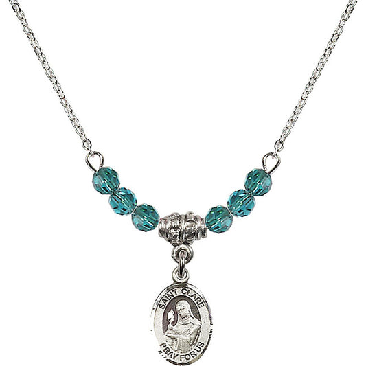 Sterling Silver Saint Clare of Assisi Birthstone Necklace with Zircon Beads - 9028