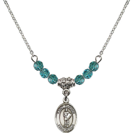 Sterling Silver Saint Florian Birthstone Necklace with Zircon Beads - 9034