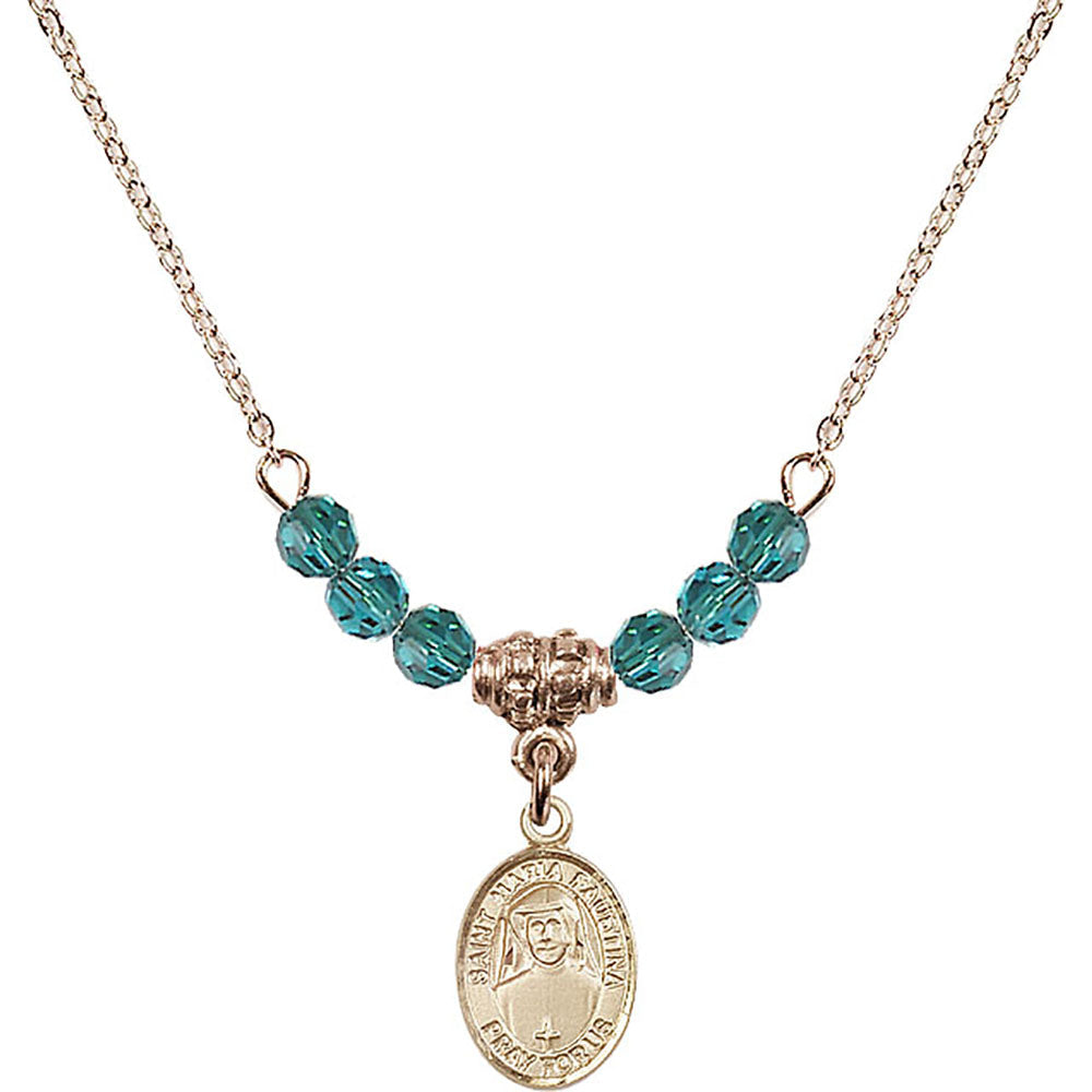 14kt Gold Filled Saint Maria Faustina Birthstone Necklace with Zircon Beads - 9069