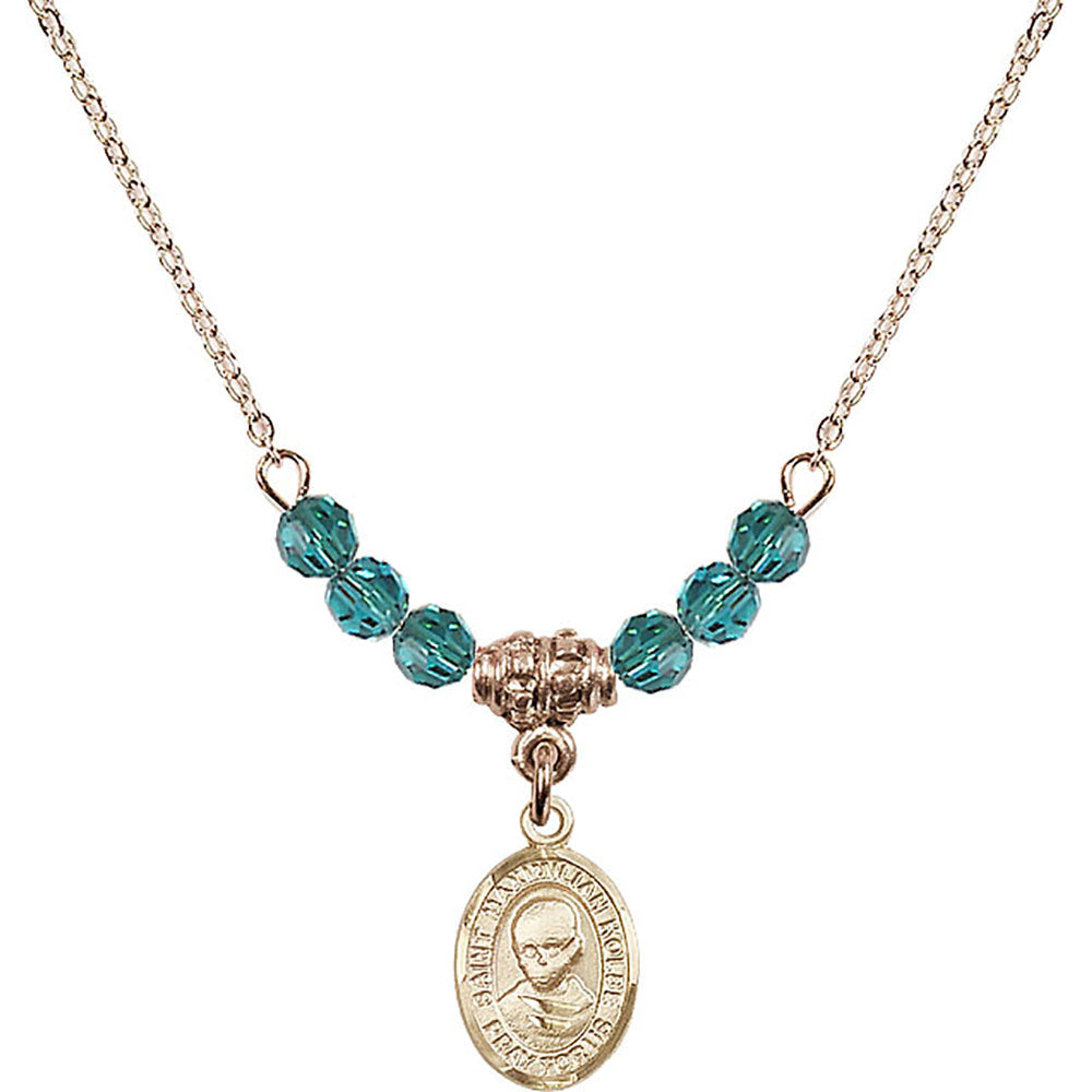 14kt Gold Filled Saint Maximilian Kolbe Birthstone Necklace with Zircon Beads - 9073
