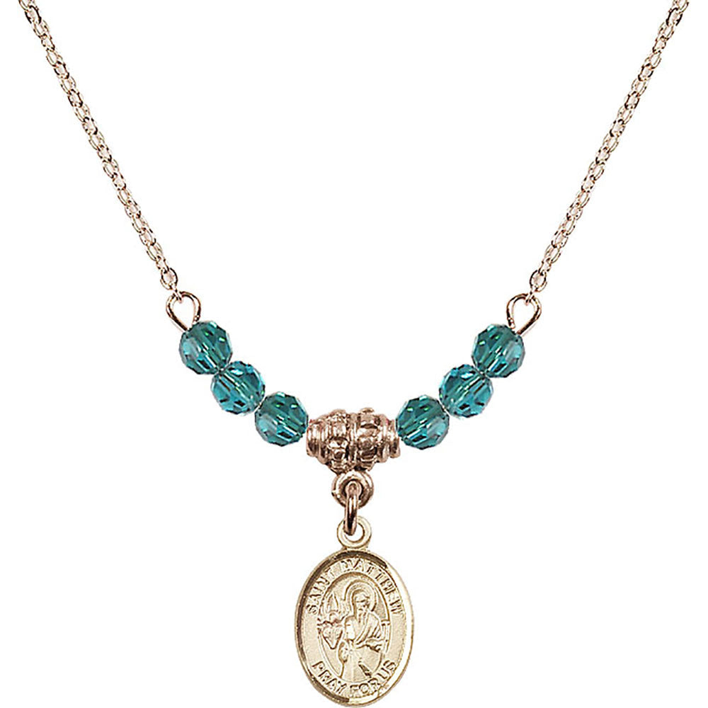 14kt Gold Filled Saint Matthew the Apostle Birthstone Necklace with Zircon Beads - 9074