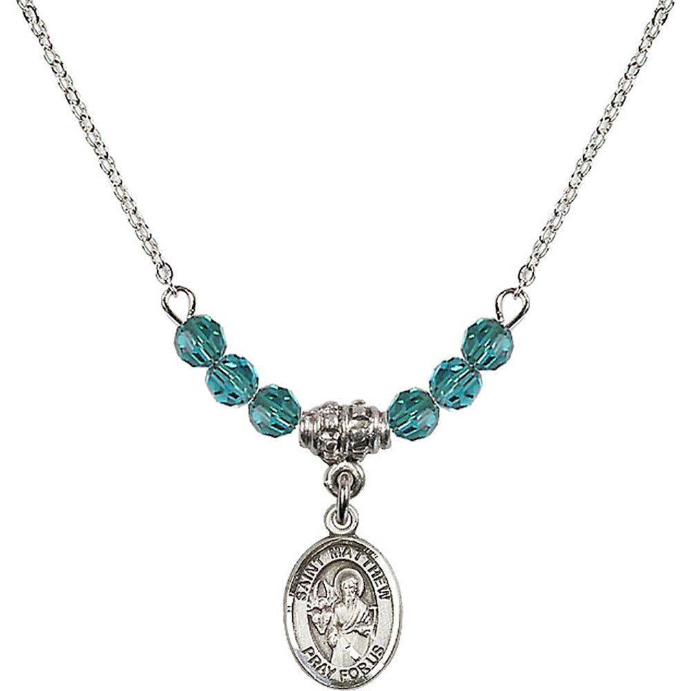 Sterling Silver Saint Matthew the Apostle Birthstone Necklace with Zircon Beads - 9074