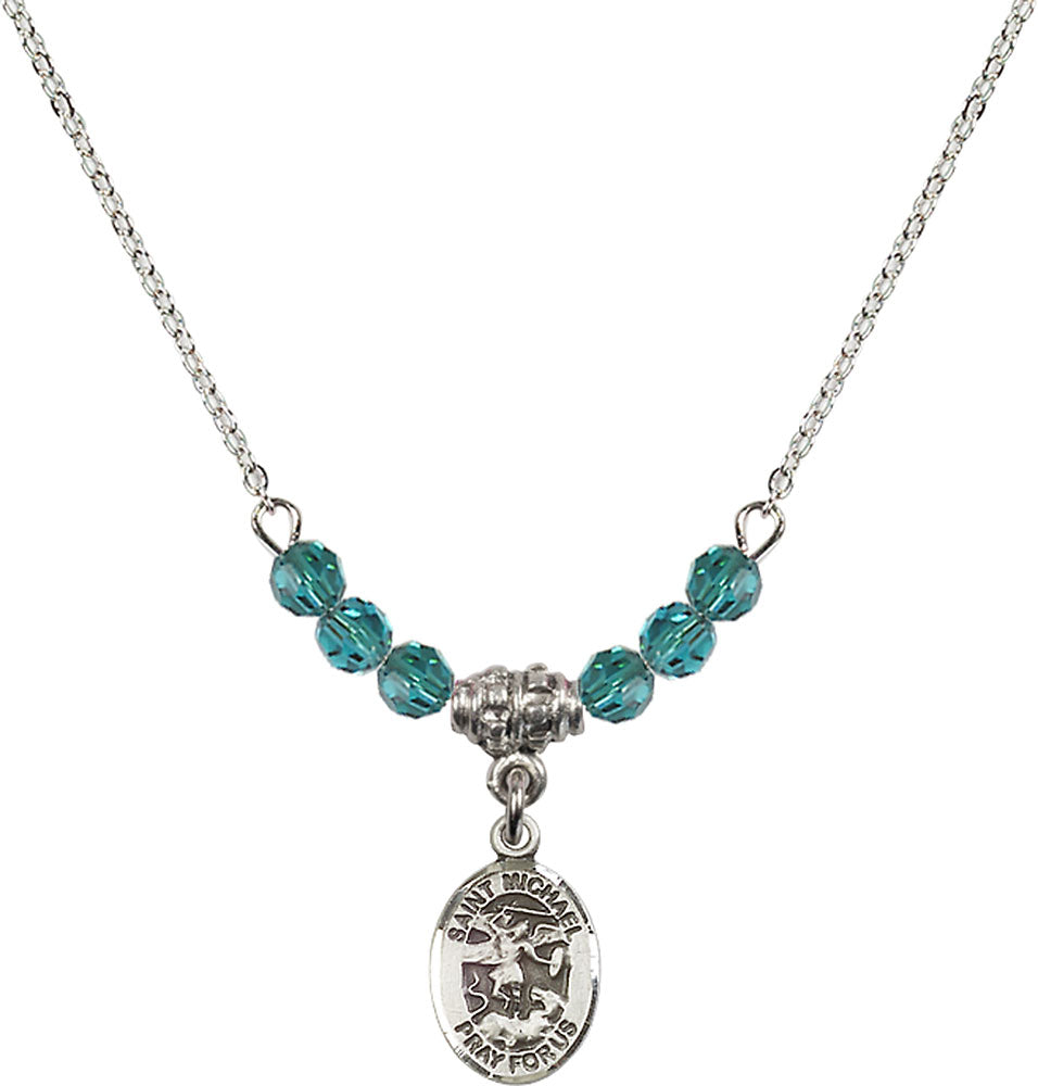 Sterling Silver Saint Michael the Archangel Birthstone Necklace with Zircon Beads - 9076