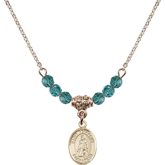 14kt Gold Filled Saint Peregrine Laziosi Birthstone Necklace with Zircon Beads - 9088