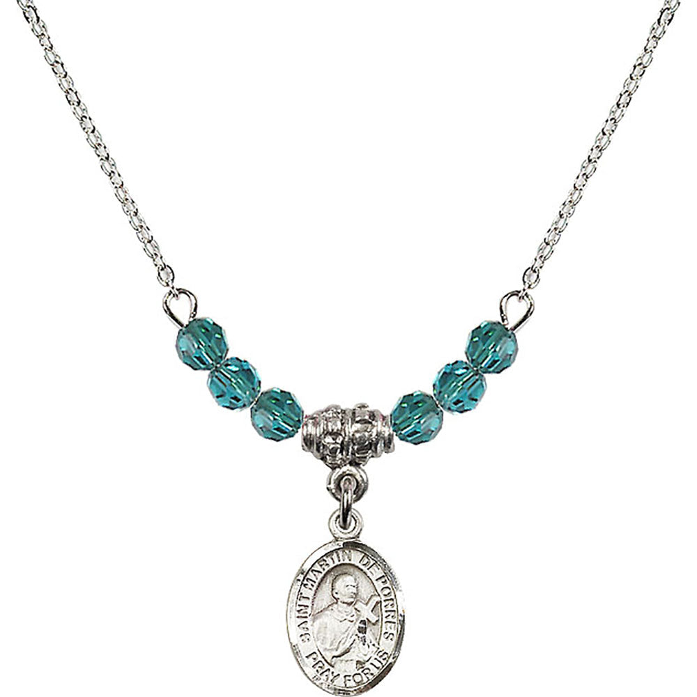 Sterling Silver Saint Martin de Porres Birthstone Necklace with Zircon Beads - 9089