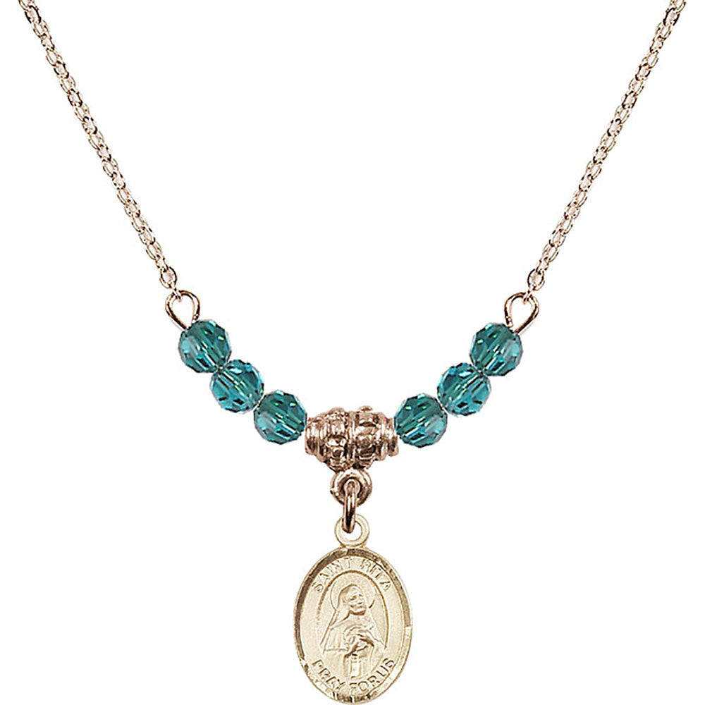 14kt Gold Filled Saint Rita of Cascia Birthstone Necklace with Zircon Beads - 9094