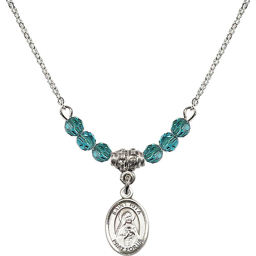 Sterling Silver Saint Rita of Cascia Birthstone Necklace with Zircon Beads - 9094