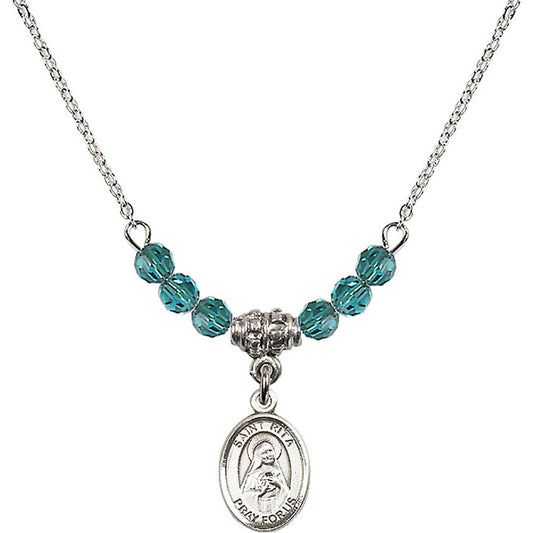 Sterling Silver Saint Rita of Cascia Birthstone Necklace with Zircon Beads - 9094