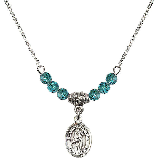 Sterling Silver Saint Scholastica Birthstone Necklace with Zircon Beads - 9099