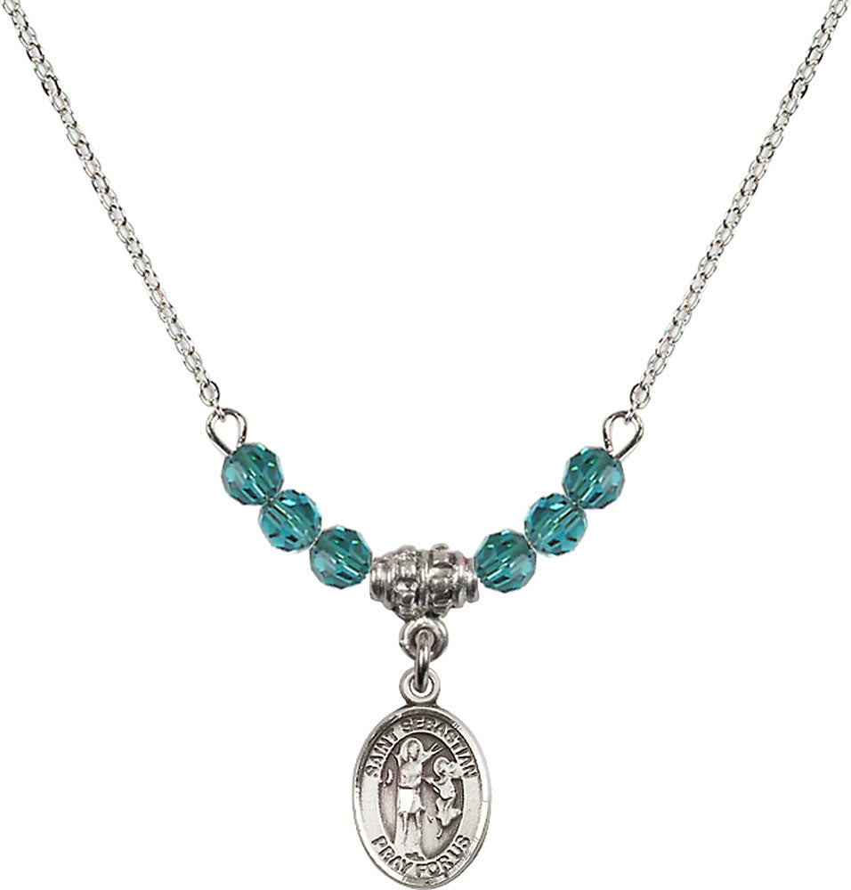 Sterling Silver Saint Sebastian Birthstone Necklace with Zircon Beads - 9100