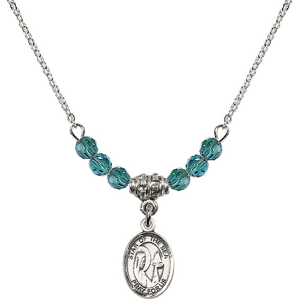 Sterling Silver Our Lady Star of the Sea Birthstone Necklace with Zircon Beads - 9101