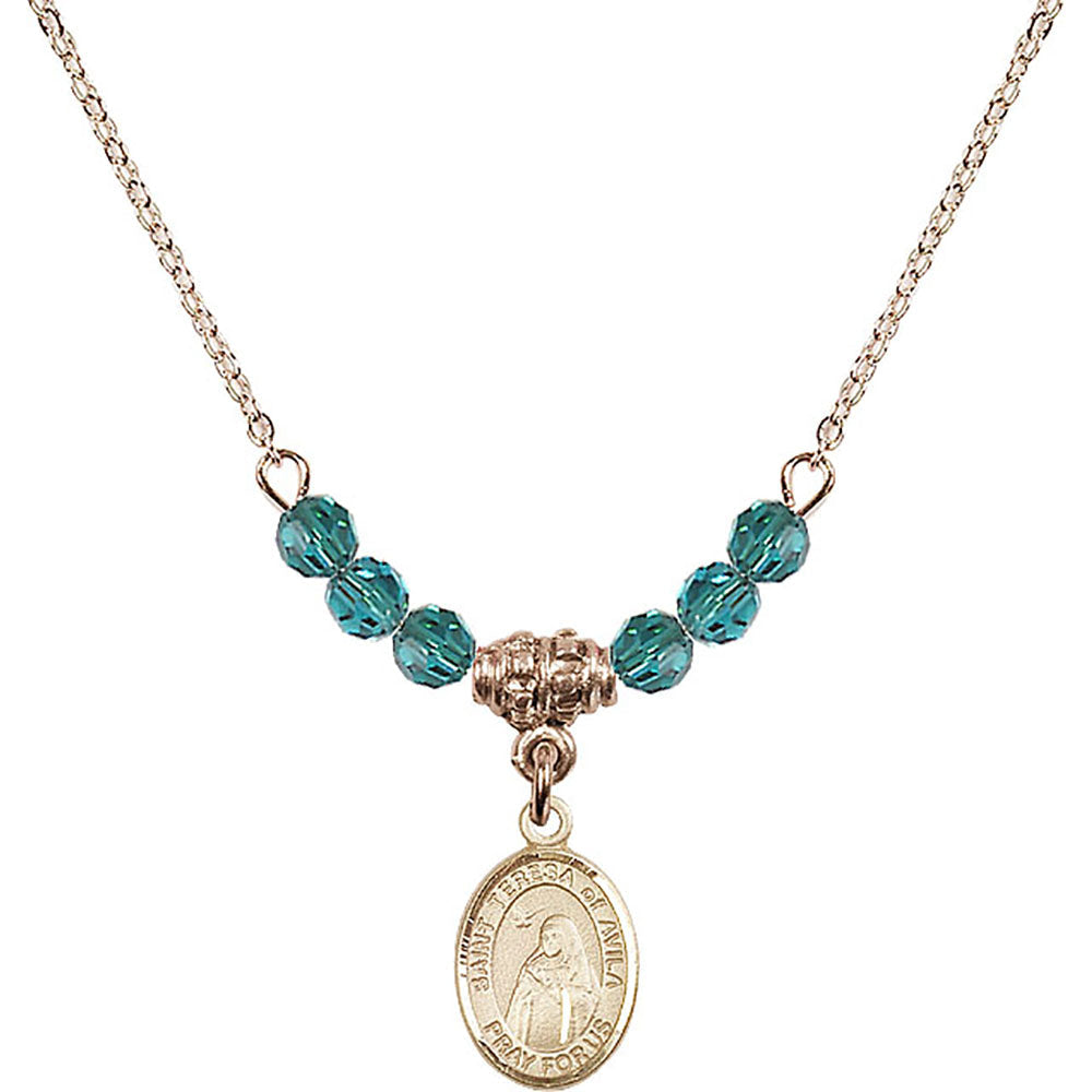 14kt Gold Filled Saint Teresa of Avila Birthstone Necklace with Zircon Beads - 9102