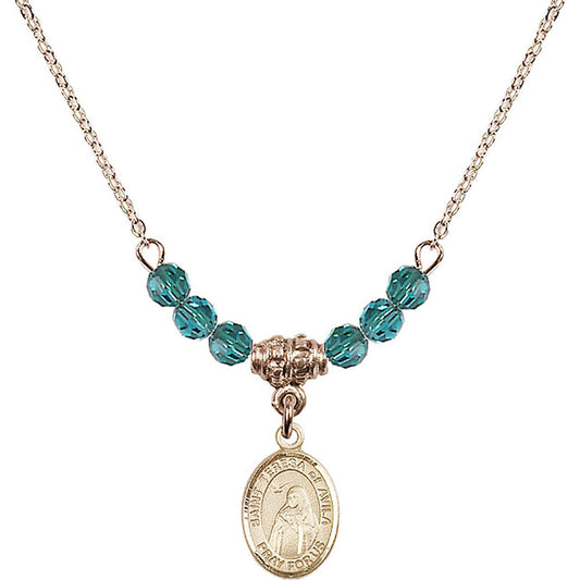 14kt Gold Filled Saint Teresa of Avila Birthstone Necklace with Zircon Beads - 9102