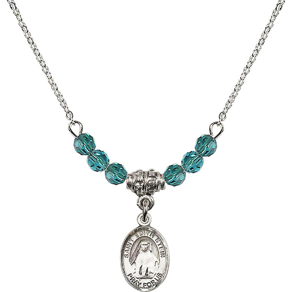 Sterling Silver Saint Edith Stein Birthstone Necklace with Zircon Beads - 9103