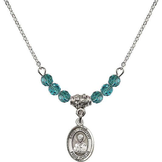 Sterling Silver Saint Timothy Birthstone Necklace with Zircon Beads - 9105