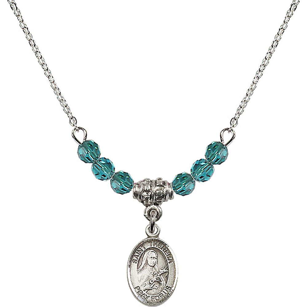 Sterling Silver Saint Theresa Birthstone Necklace with Zircon Beads - 9106