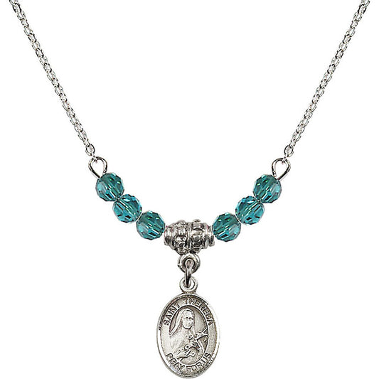Sterling Silver Saint Theresa Birthstone Necklace with Zircon Beads - 9106