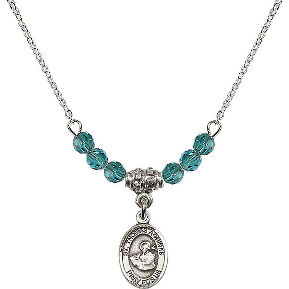 Sterling Silver Saint Thomas Aquinas Birthstone Necklace with Zircon Beads - 9108