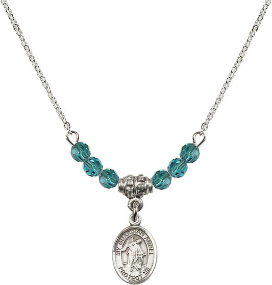 Sterling Silver Guardian Angel w/Child Birthstone Necklace with Zircon Beads - 9118