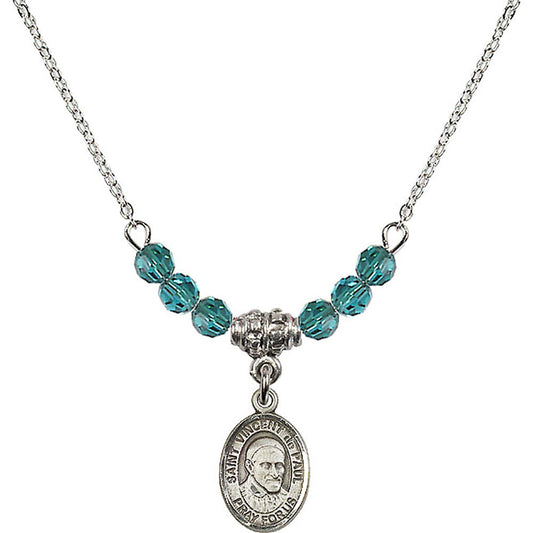 Sterling Silver Saint Vincent De Paul Birthstone Necklace with Zircon Beads - 9134