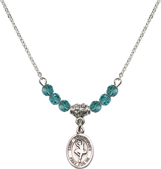 Sterling Silver Saint Christopher/Dance Birthstone Necklace with Zircon Beads - 9143